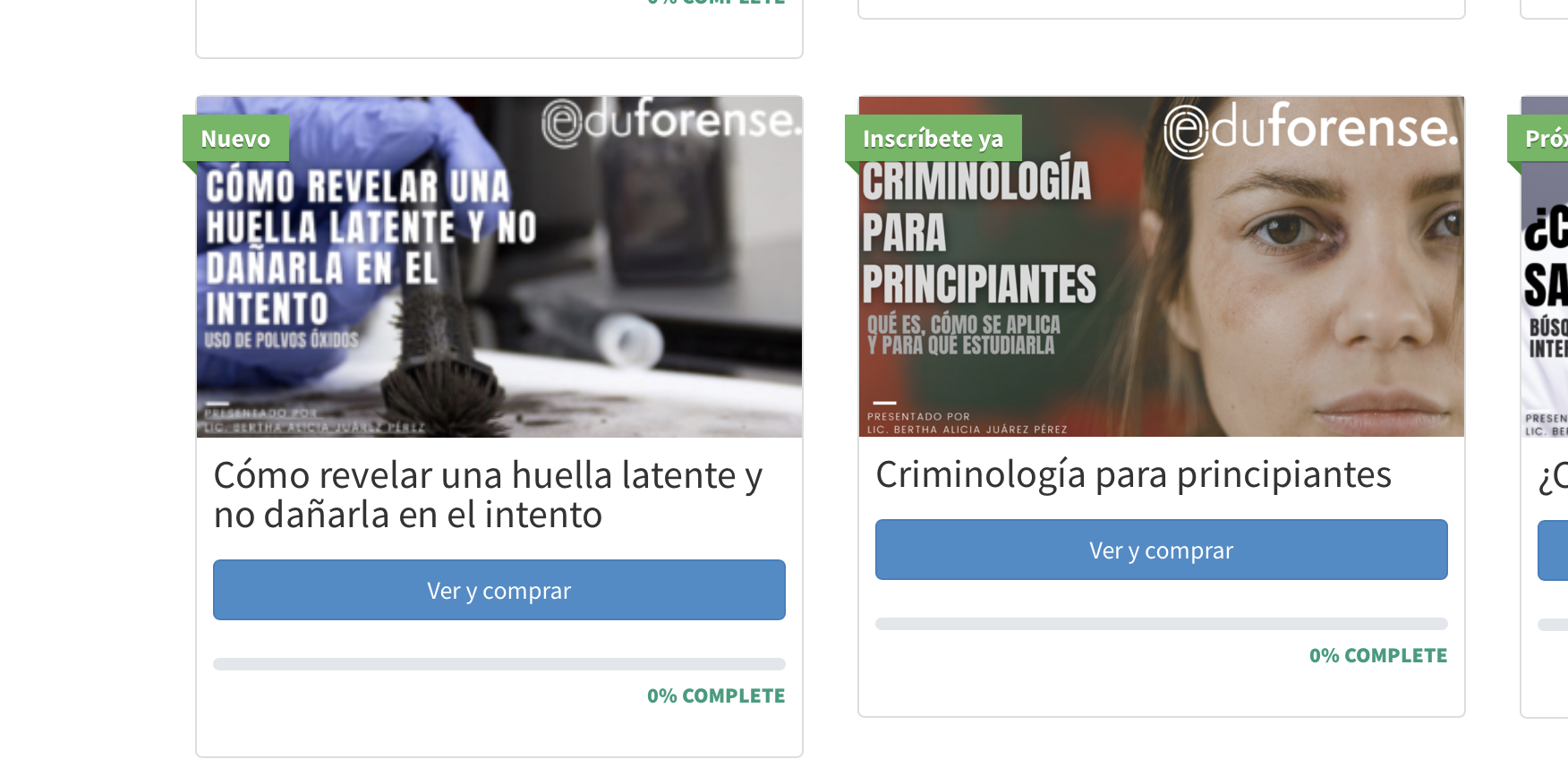 Catálogo de cursos de Eduforense con el botón Ver y comprar