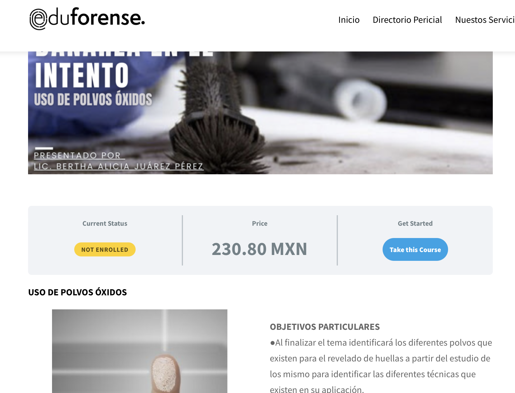 Página de un curso de Eduforense con el botón Take this Course