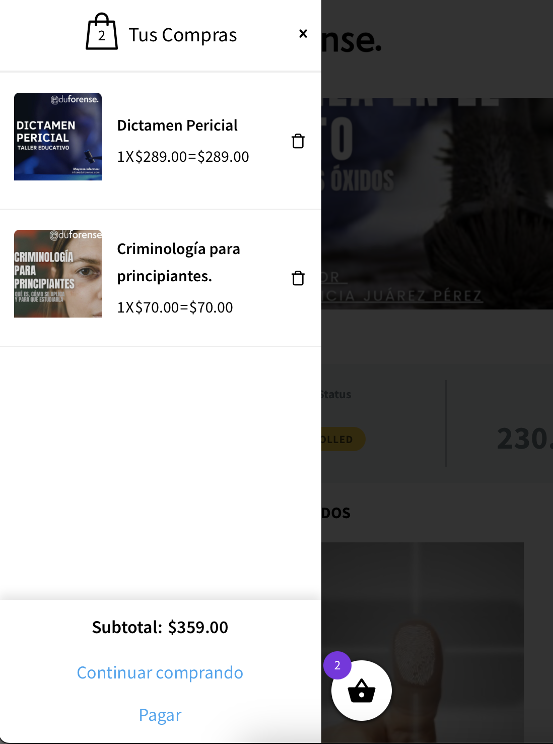 Carrito de Eduforense y opción para continuar al pago