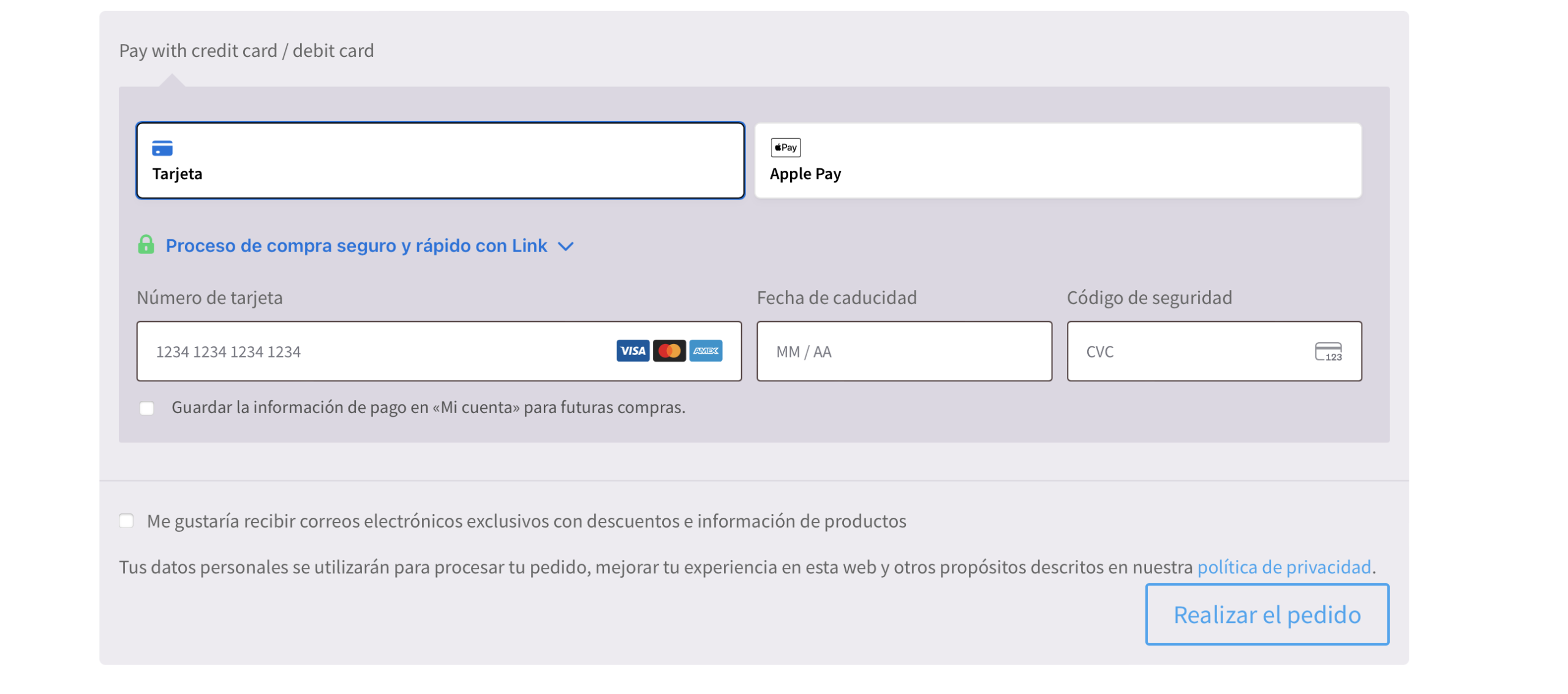 Formulario de pago con tarjeta y botón Realizar el pedido en Eduforense