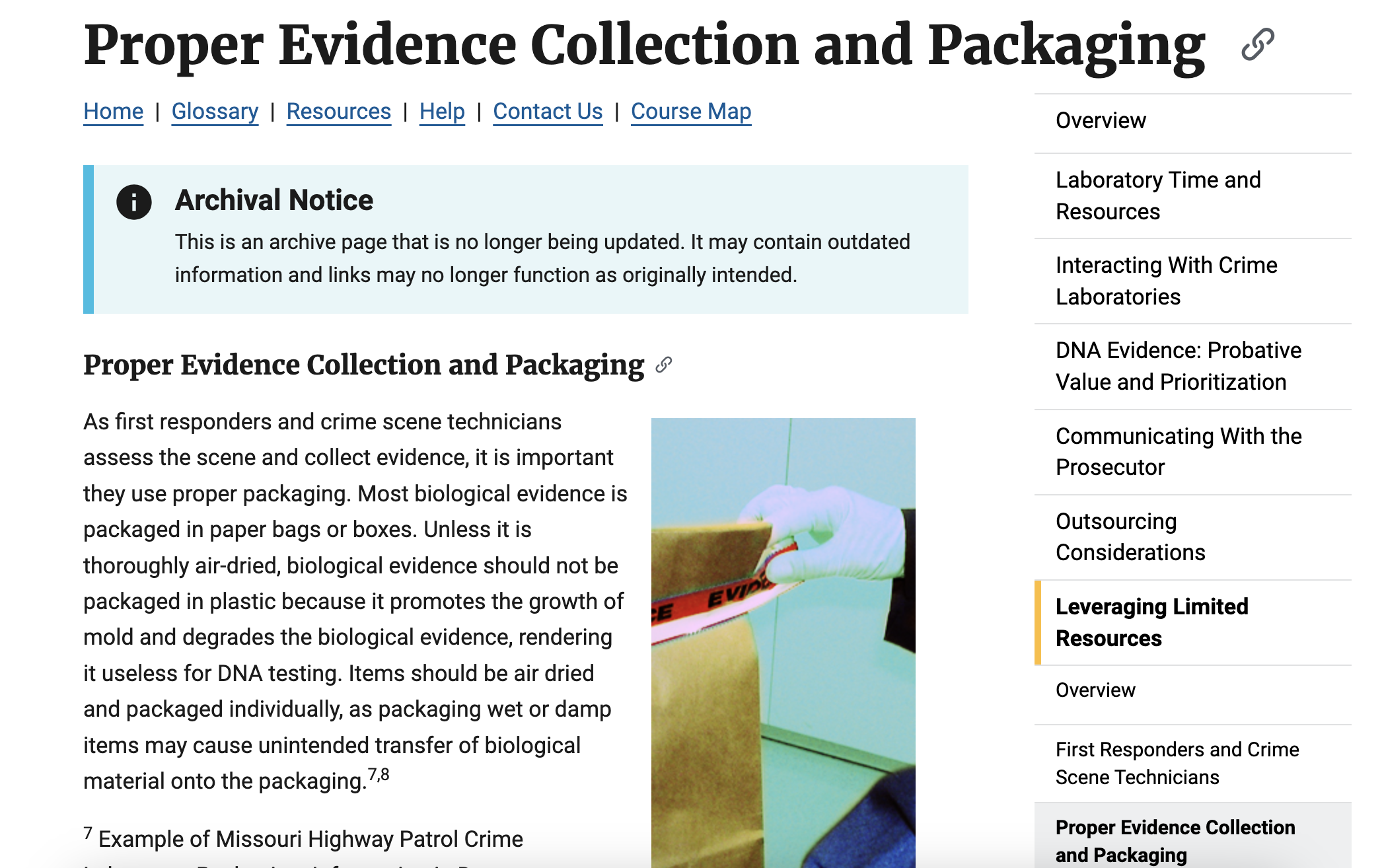 Captura de la guía del National Institute of Justice sobre recolección y embalaje de evidencia