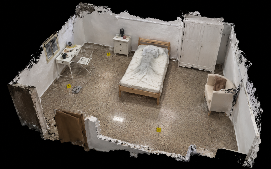 Modelo 3D de una habitación reconstruida mediante fotogrametría, con marcadores de indicios en el lugar de intervención.
