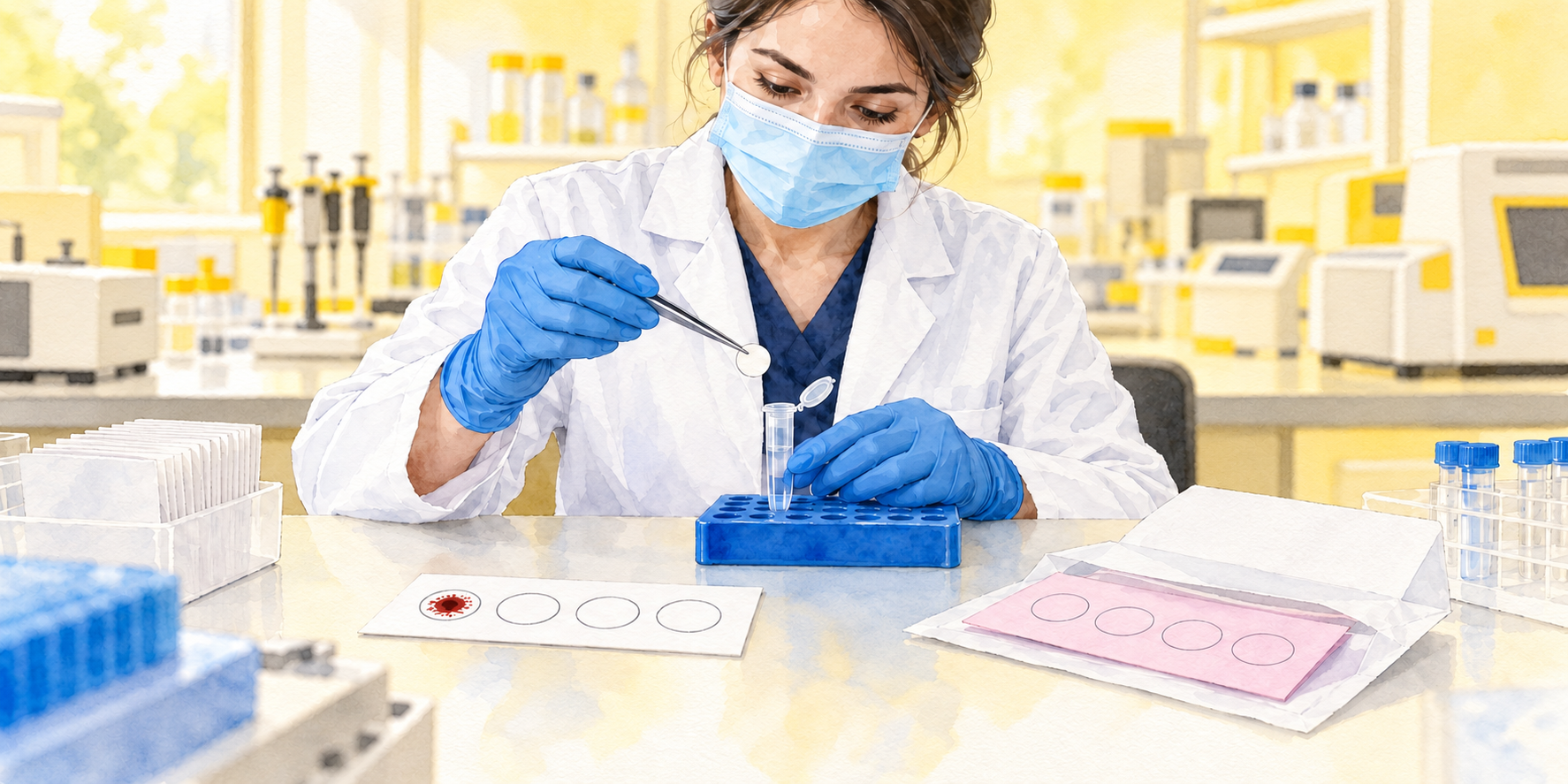 Ilustración en acuarela del uso de tarjetas de recolección de muestras en un laboratorio de genética forense